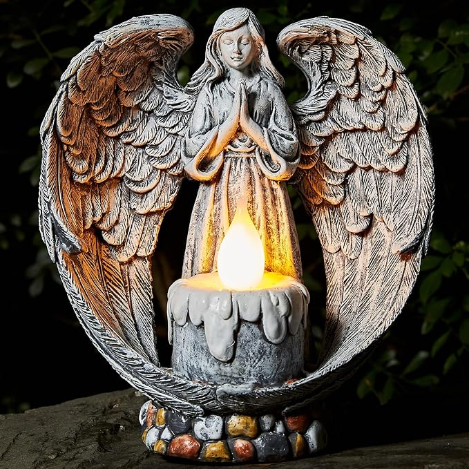 Angel Garden Statues Outdoor Cemetery Decorations for Grave Take The Cross Praying Wings Angel Figurine Cemetery Lights Patio Lawn Yard Porch Decorations 10.24 Inch