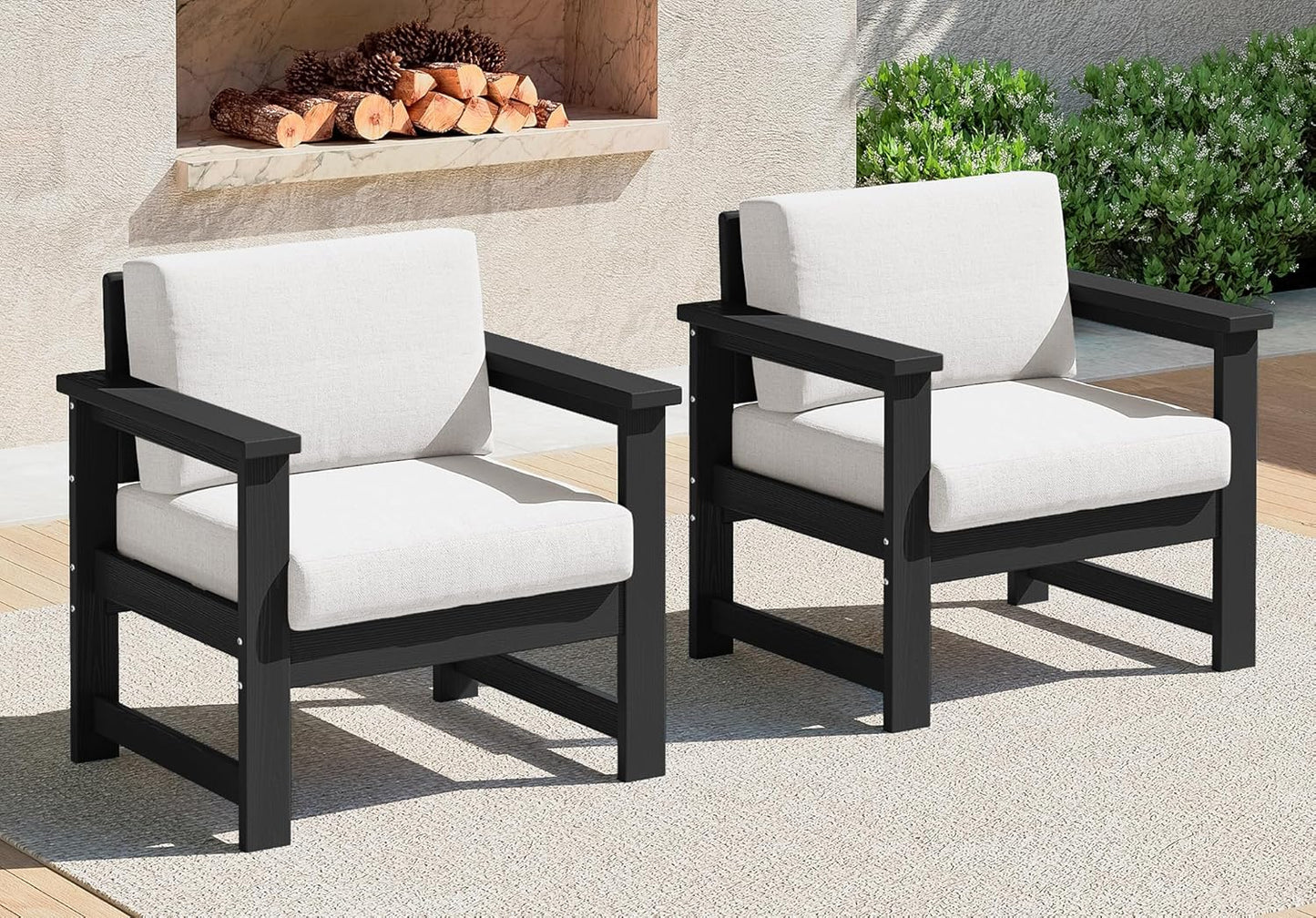 SERWALL 2 Pieces Single Cushioned Sofa Armchair, Black HDPE Adirondack Outdoor Sofa Lounge with Khaki Cushion