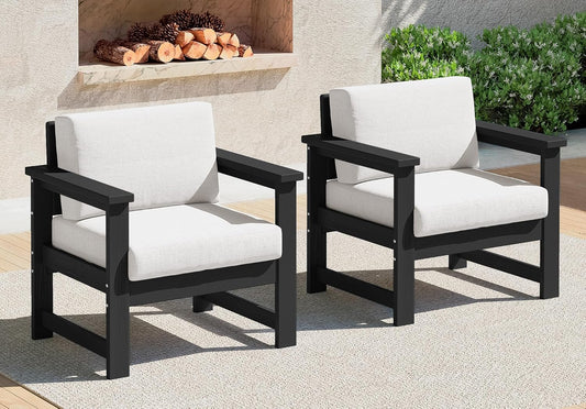 SERWALL 2 Pieces Single Cushioned Sofa Armchair, Black HDPE Adirondack Outdoor Sofa Lounge with Khaki Cushion