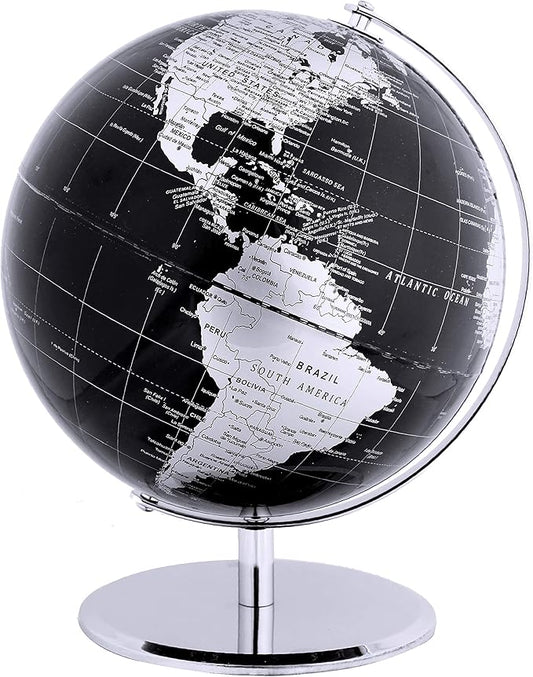 ANNOVA Metallic World Globe Black – Educational/Geographic/Modern Desktop Decoration - Stainless Steel Arc and Base/Earth World - Metallic Black - for School, Home, and Office (10-Inch)