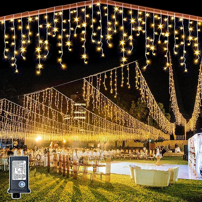 132ft Icicle Lights for Outside - 1280 LED Warm White Christmas Lights with 240 Twinkle Drops, 8 Modes Plug in Waterproof Timer Memory for Tree Wedding Party Window Patio Eave Yard Holiday Decoration