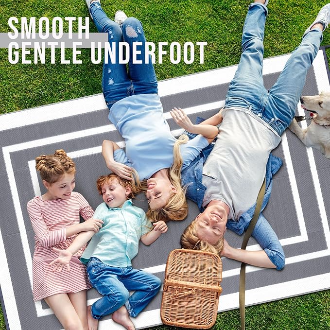 OLANLY Outdoor Rug 8x10 ft Waterproof, Reversible Outdoor Plastic Straw Rug, RV Mat, Indoor Outdoor Carpet Clearance for Patio, Camping, Balcony, Deck, Backyard, Grey & White