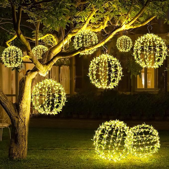 Solar Powered Hanging Iron Sphere Lights with Artificial Greenery – 12Inch 120 LED Waterproof Outdoor Decor Ball Light with Timer & 8 Modes – 2 Pack for Garden, Christmas, Weddings (Warm White)
