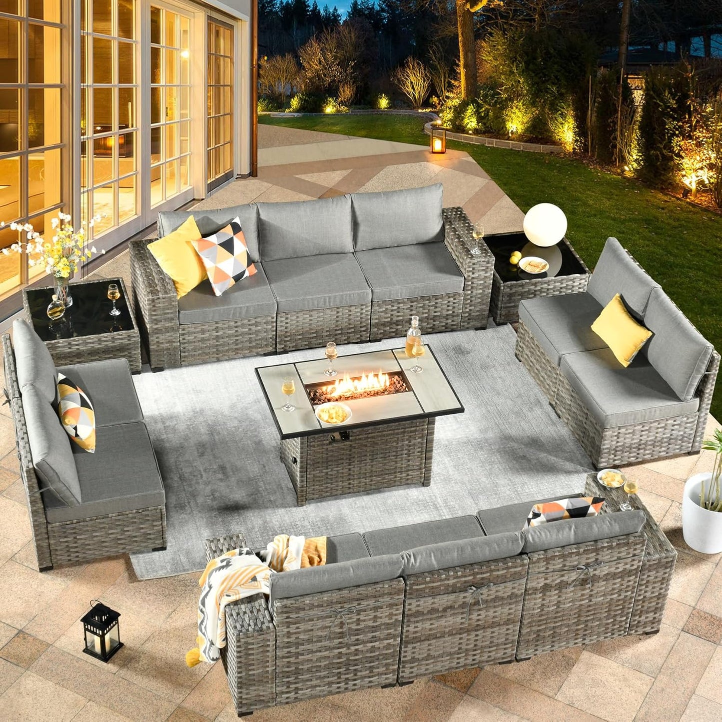 HOOOWOOO 13 Piece Modular Patio Outdoor Sectional Furniture Set with Gas Propane Fire Pit Table,Wicker Conversation Sofa Set,Out Door Couch Set with Wide Arm Outside(Dark Grey)