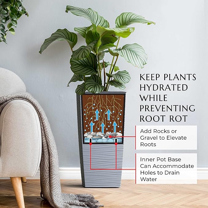 Mueller M-Resin Heavy Duty Tall Planter, Indoor/Outdoor Grande Plant, Tree, Flower Pot, 2-Piece Set, 24”, Modern Design, Built-in Drainage, Light Gray