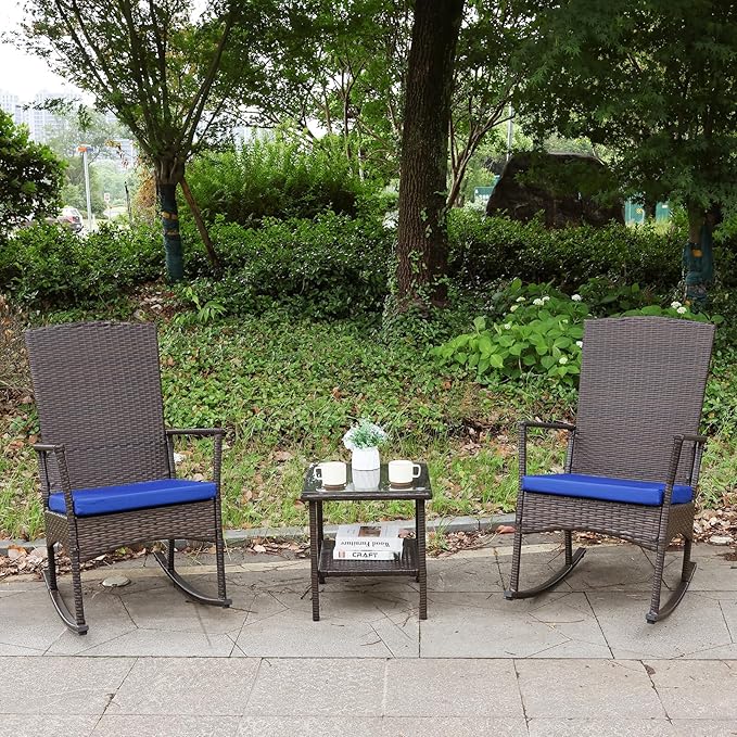 Rocking Chair Outdoor 3 Pieces High-Backed Patio Rocking Chairs Bistro Table and Chairs Set of 2, Royal Blue