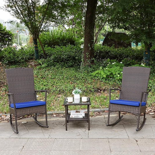 Rocking Chair Outdoor 3 Pieces High-Backed Patio Rocking Chairs Bistro Table and Chairs Set of 2, Royal Blue