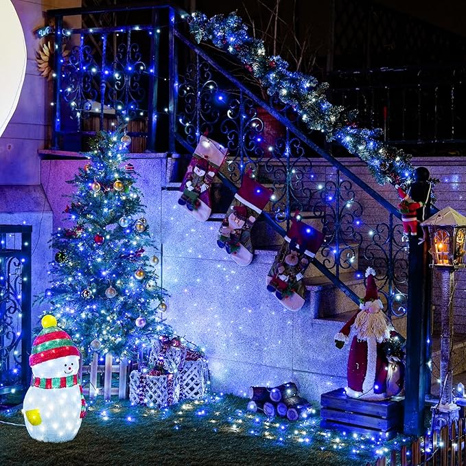 JMEXSUSS 2 Pack Blue and White Solar String Lights, Each 100 LED 33ft Solar Christmas Lights Outdoor Waterproof, 8 Modes Green Wire Solar Lights for Outside Garden Patio Party Decoration