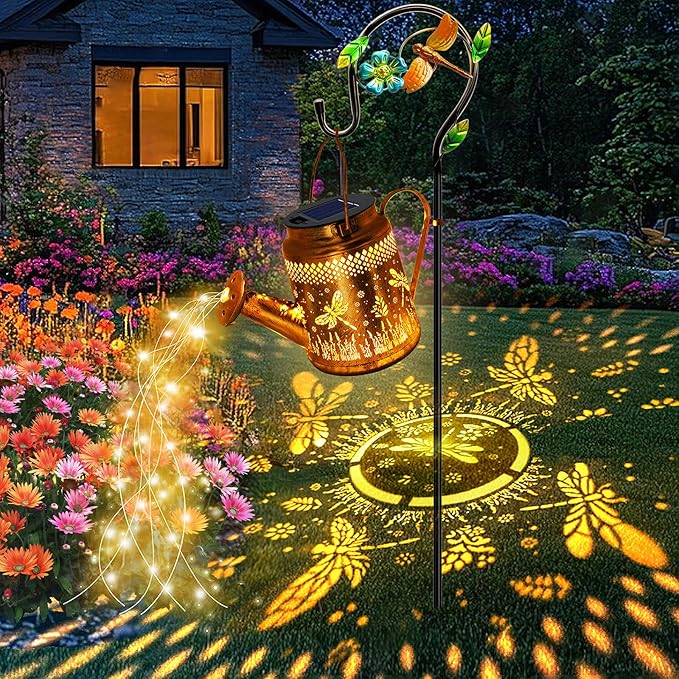 Solar Powered Dragonfly Watering Can Lights Waterproof Outdoor Garden Decor with Shepherd Hook, Hanging Patio Lights for Yard, Porch, Backyard Perfect Gardening & Birthday Gift for Women, Mom, Grandma