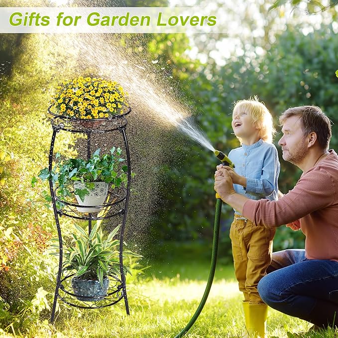 VECELO 3 Tier Metal Outdoor Plant Stand Indoor, Rustproof Stable 33.8” Tall Iron Flower Stand, Decorative Multiple Heavy Duty Plant Holder for Corner, Patio, Balcony Garden, Black