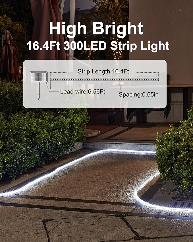 LUHLEE Solar LED Strip Lights, Upgrade Outdoor Rope Lights 8 Lighting Modes,IP65 Waterproof String Lights for Patio Yard Deck Porch Balcony Garden (White, 16.4 ft)