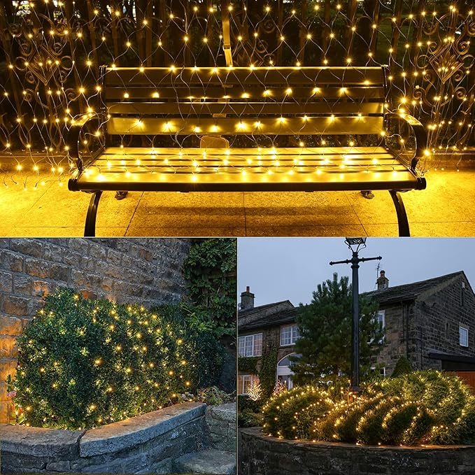 Lyhope 12ft x 5ft 360 LED Christmas Net Lights, 8 Modes Low Voltage Green Wire Mesh Christmas Decorations Lights for Xmas Trees, Bushes, Wedding, Garden, Outdoor, Indoor Decor (Warm White)
