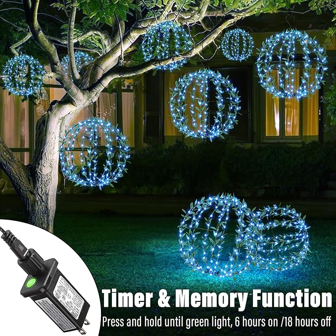 Flacchi Hanging Iron Sphere Lights with Artificial Greenery – 12Inch 120 LED Waterproof Outdoor/Indoor Decor Ball Light with Timer & 8 Modes – 2 Pack for Garden, Christmas, Weddings (Blue)