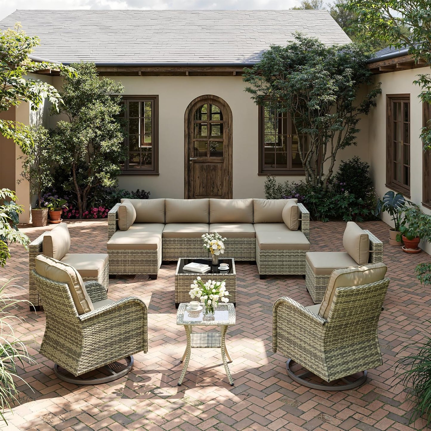 12-Piece Patio Furniture Set, Outdoor Patio Furniture with Swivel Chairs Set, Ottomans, Modular Patio Sofa, Dual-Strand Wicker Rattan, Rust-Resistant Frame, Khaki