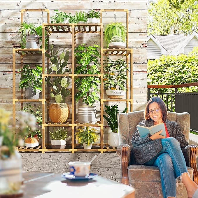 EnHomee Tiered Plant Stand Indoor Outdoor Wood Plant Shelf with 10 Potted & Double Rod Large Plants Holder Load-Bearing 440 LBS Plants Shelves Table 44.8''W*11.6''D*47''H