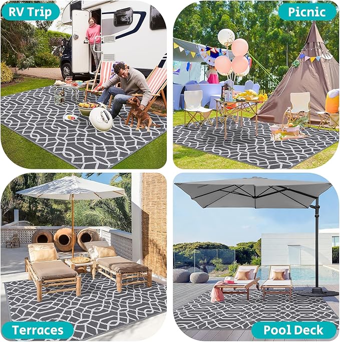 HEBE Outdoor Rug Waterproof 8x10, Reversible Plastic Straw Rug RV Camping Rug, Indoor Outdoor Patio Mat Clearance, Outside Carpet for Porch,Deck,Camper,Balcony,Backyard,Picnic