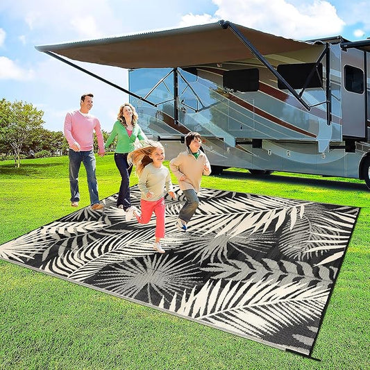 Outdoor Rug Waterproof for Patios Clearance, Reversible Outdoor Plastic Straw Rug Camping Carpet, Outside Floor Mats Large Area Rugs for RV,Patio,Deck,Porch,Beach, Balcony，8'x10',Black&Beige