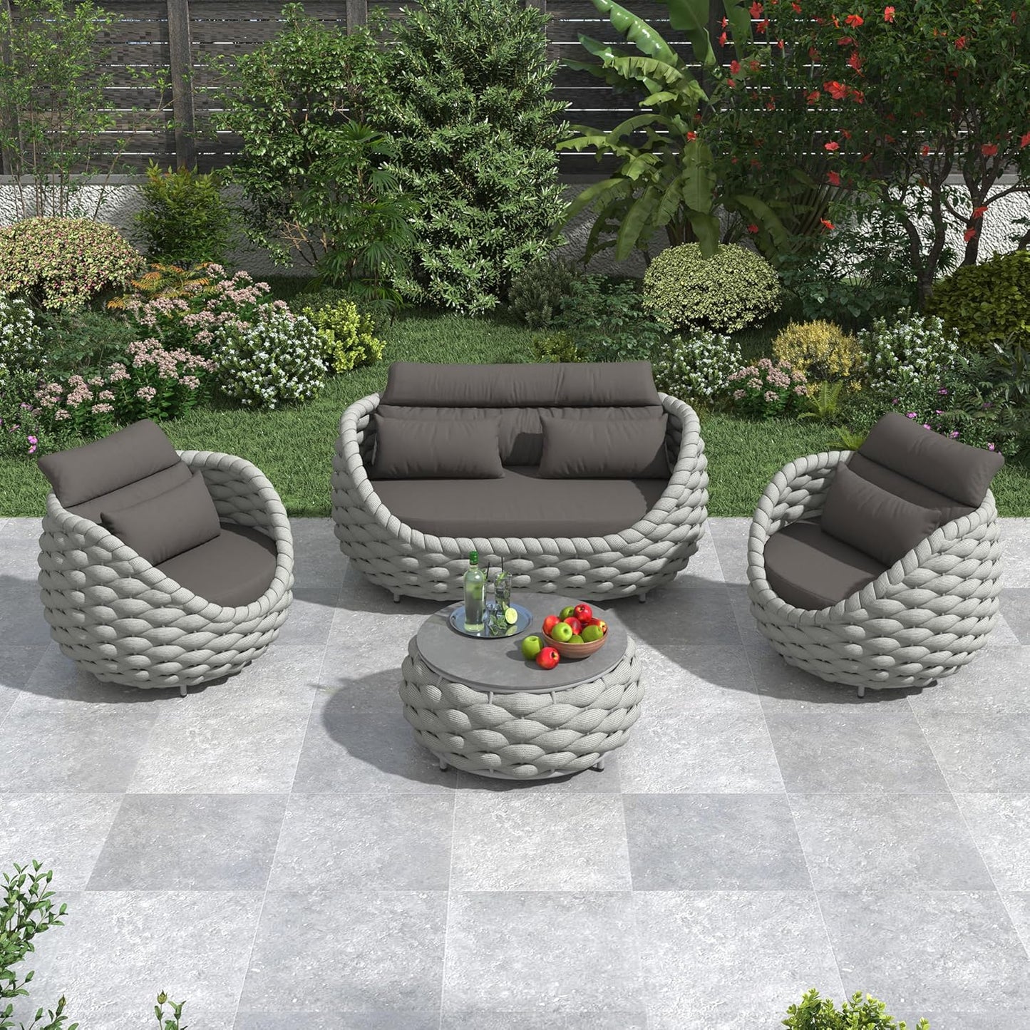 Aluminum Patio Furniture Set: 4 Pieces Woven Rope Outdoor Conversation Sofa Set Assembled - Modern Cushioned Armchair Couch Set for 660lbs Porch Deck Backyard Poolside Garden Drawing Room Hotel