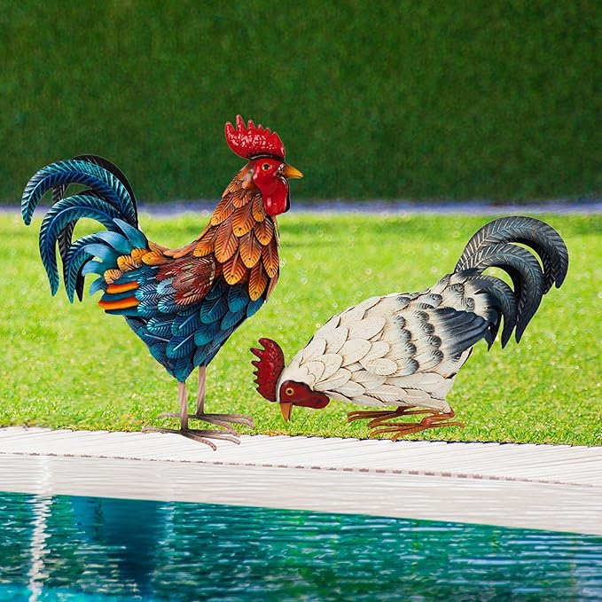 Shorayn Metal Rooster Statues, Outdoor Garden Statues, Metal Chicken Decor, Garden Sculptures & Statues, Chicken Ornaments Yard Art for Backyard Patio Lawn Decorations, Set of 2