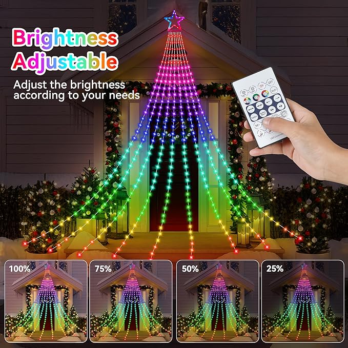 Christmas Decoration RGB String Lights, Outdoor Color Changing Christmas Lights 320 LED 16.4 Ft Star Tree Topper Fairy String Lights with 8 Light Modes for Christmas New Year Holiday Garden Yard