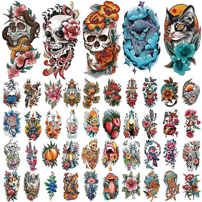 77 Sheets Temporary Tattoos Adult Kids Old School Skull Tiger Sword Cat Eagle Snake Lotus Flower Butterfly Half Arm Realistic Fake Tattoos Sticker for Women Men