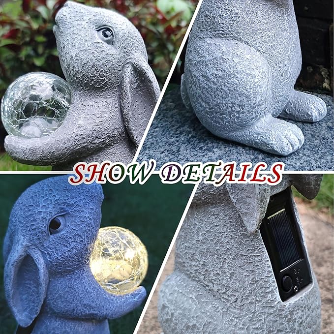 Solar Rabbit Statue Garden Decor -Rabbit Lover Gifts, with Gazing Solar LED Lights Ball Bunny Decoration for Garden Yard Patio Lawn Balcony - Gifts for Mom Grandma