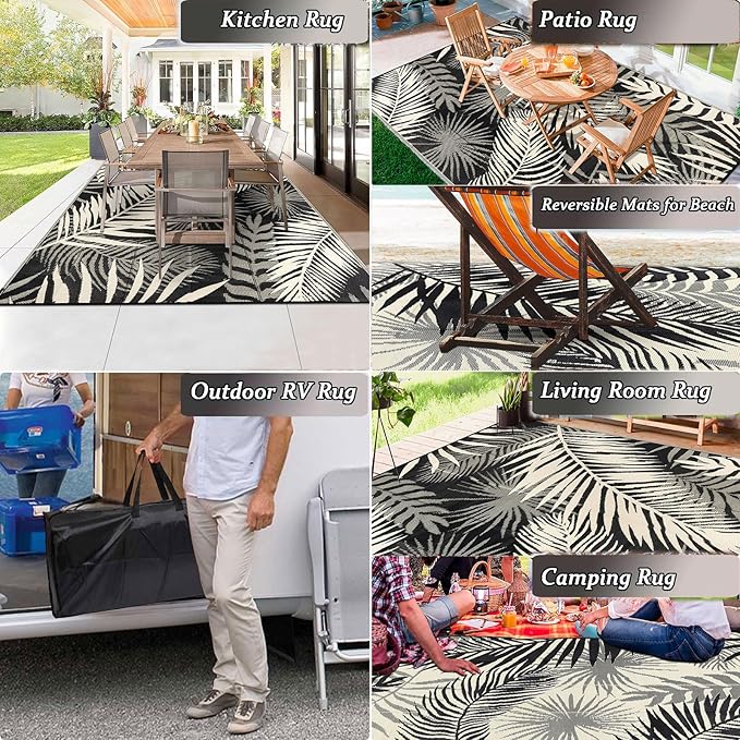 Outdoor Rug Waterproof for Patios Clearance, Reversible Outdoor Plastic Straw Rug Camping Carpet, Outside Floor Mats Large Area Rugs for RV,Patio,Deck,Porch,Beach, Balcony，8'x10',Black&Beige