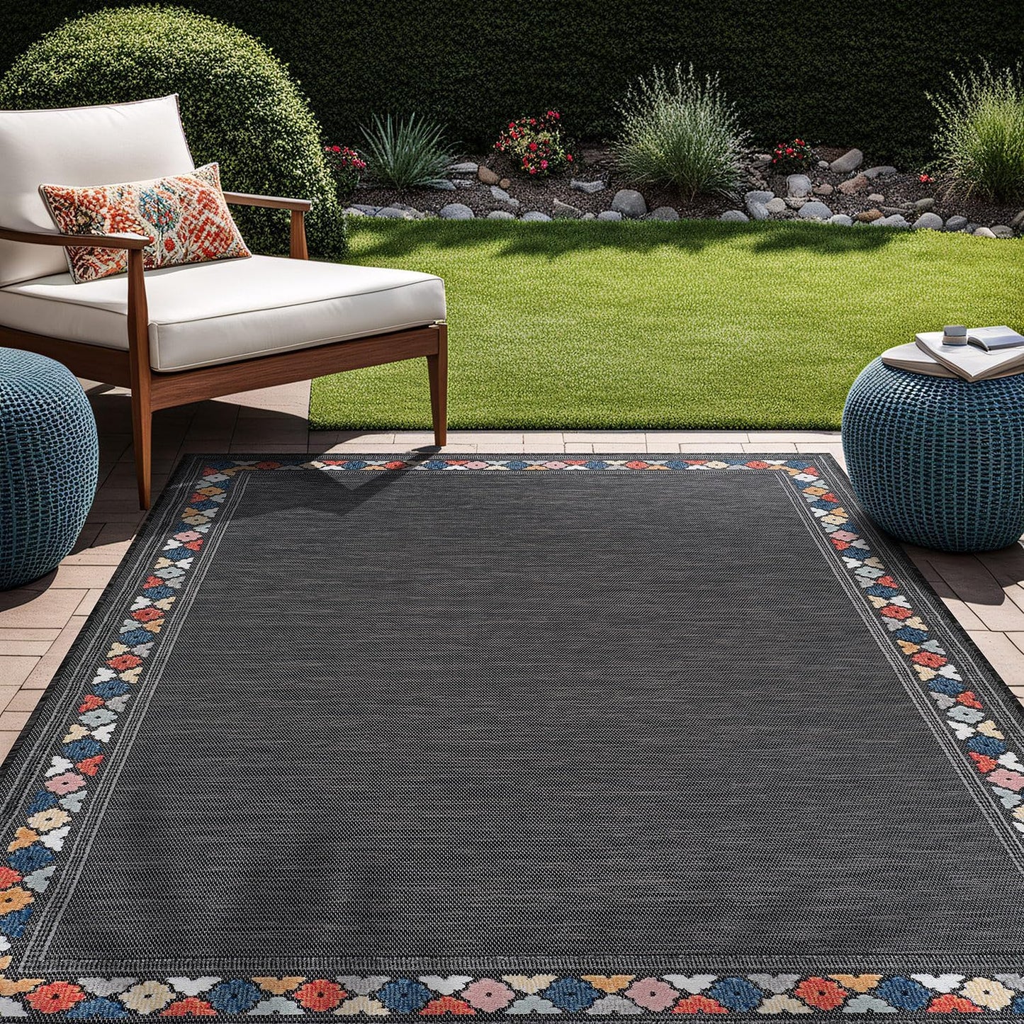 Beverly Rug Outdoor Rug 10x14 Modern Bordered Large Area Rugs for Indoor and Outdoor Patio Easy to Clean Non Shedding Living Room Porch Garden Washable Outside Carpet (10 x 14 Dark Gray)