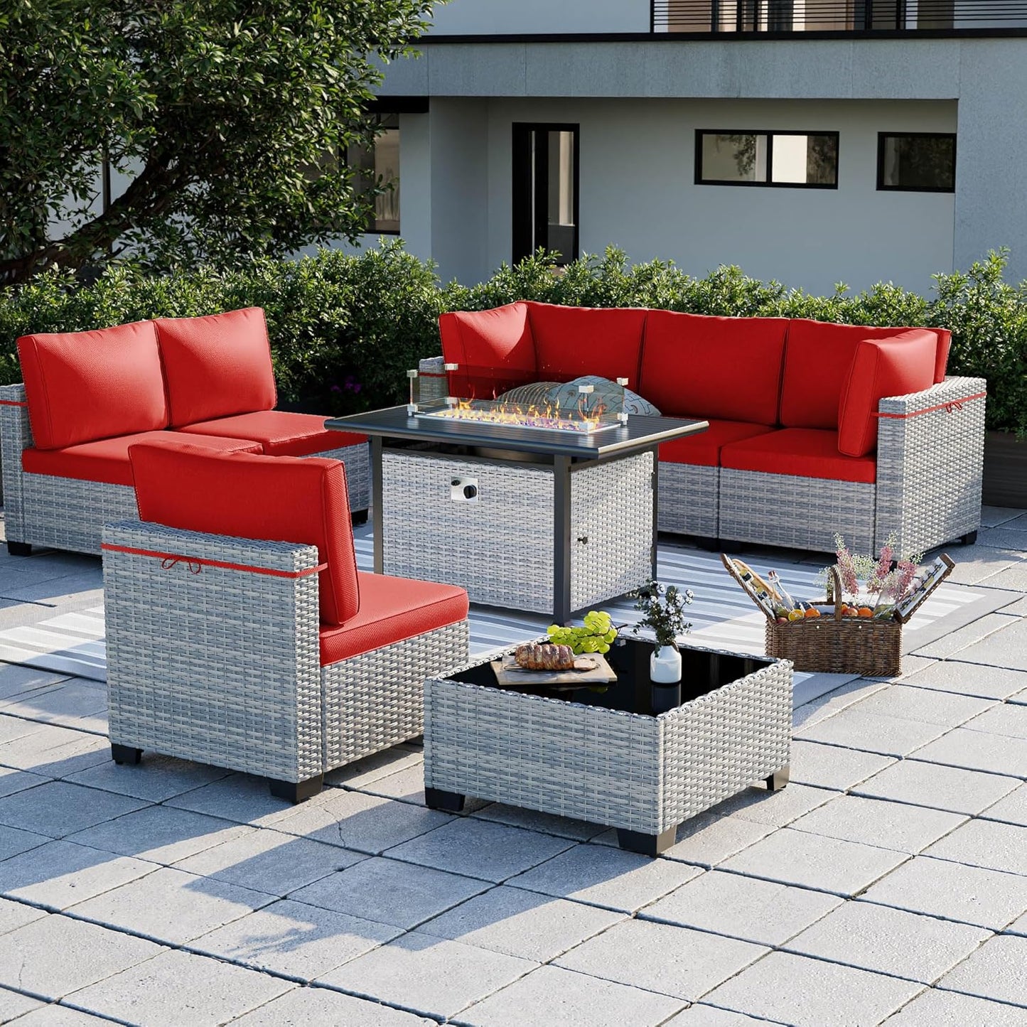 8-Piece Patio Furniture Set, Outdoor Patio Furniture with 55,000 BTU Fire Pit Table, Thick Cushions, Modular Patio Sofa, Dual-Strand Wicker Rattan, Rust-Resistant Frame, Red