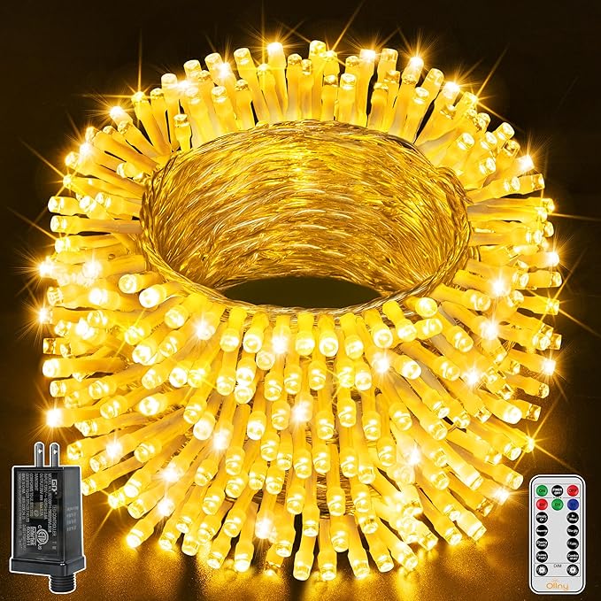 Ollny Christmas Lights Outdoor 400LED 131FT, Warm White Fairy Lights with Remote 3 Timer, Plug in 8 Modes String Lights for Bedroom Indoor Outside House Party Xmas Decorations