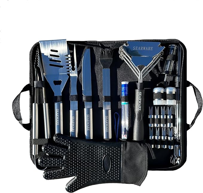 Barbecue Grill Tool Set - Stainless Steel - Strong Durable Design - Heat Resistant Glove & Bristle Free Grill Brush - Thermometer, Meat Injector, & Corn Skewers - Perfect For Smokers & Grills