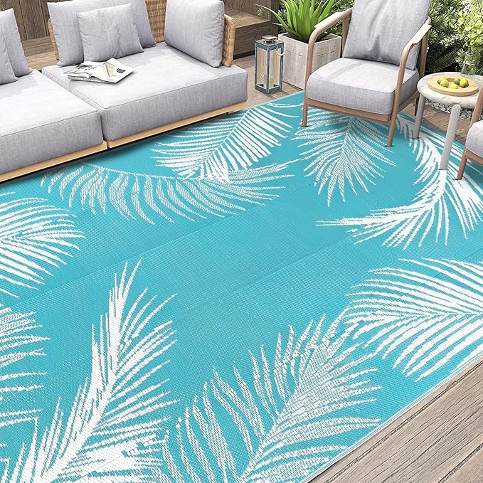 Pauwer Waterproof Outdoor Rug 9x12, Reversible Plastic Straw Patio Camping Rug, Indoor Outdoor RV Mat Carpet for Deck, Camper, Porch, Balcony, Backyard, Picnic, Leaf Teal