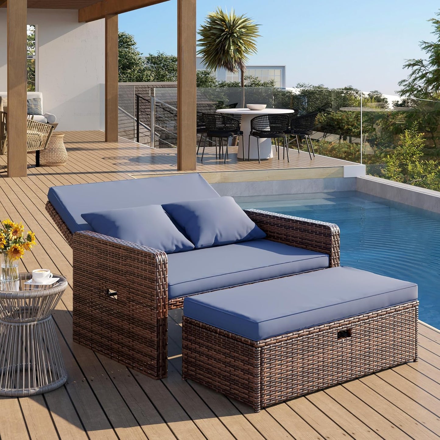 Amopatio Wicker Outdoor Daybed - Outdoor Loveseat with Storage Ottoman,4-Level Adjustable Backrest & Cushions, Patio Loveseat for Yard, Balcony, Porch, Garden, Poolside（Navy）