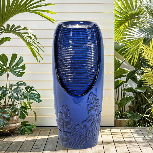 33" Tall Outdoor Garden Fountain with LED Lights, Modern Ceramic Jar Water Fountain, 3D Tropical Leaf Pattern, Cobalt Blue Glaze, Soothing Cascading Waterfall for Relaxing Patio, Yard, Porch