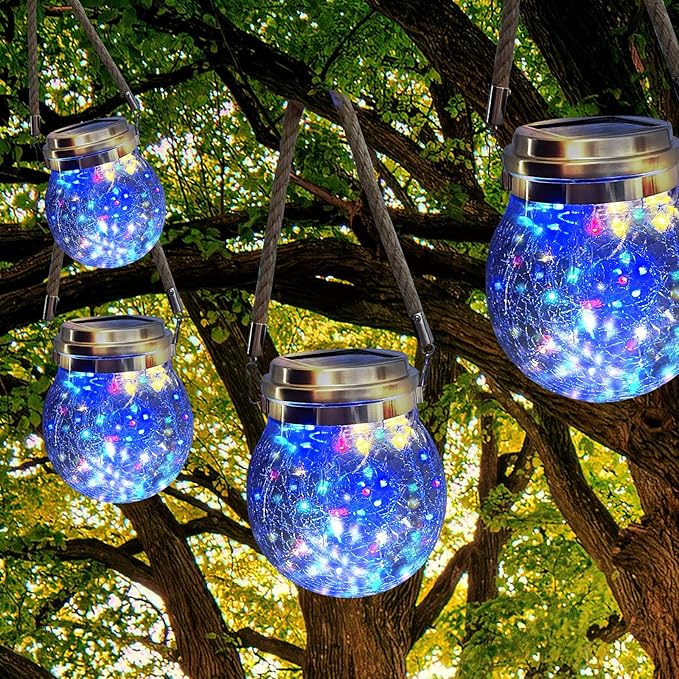 Outdoor Hanging Solar Lights,2 Pack 30 LED Solar Cracked Glass Ball Lanterns with Handle,Waterproof Solar Decorative Lights for Garden Patio Yard Christmas Wedding Party Decor(Colorful)