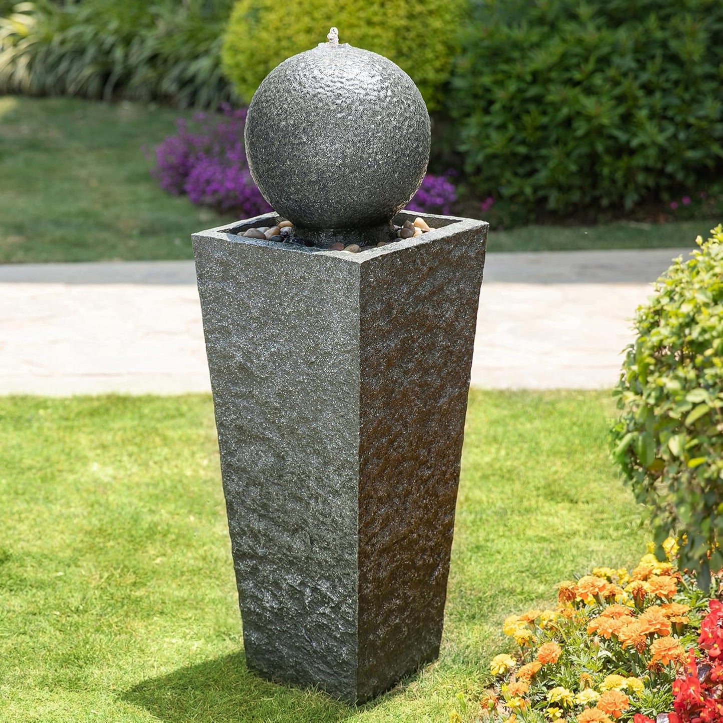 Glitzhome Outdoor Water Fountain with LED Light, Oversized Modern Sphere Pedestal Water Fountain with Submersible Pump, Outdoor Fountains Garden Waterfall for Patio Deck Porch, 40.25" H