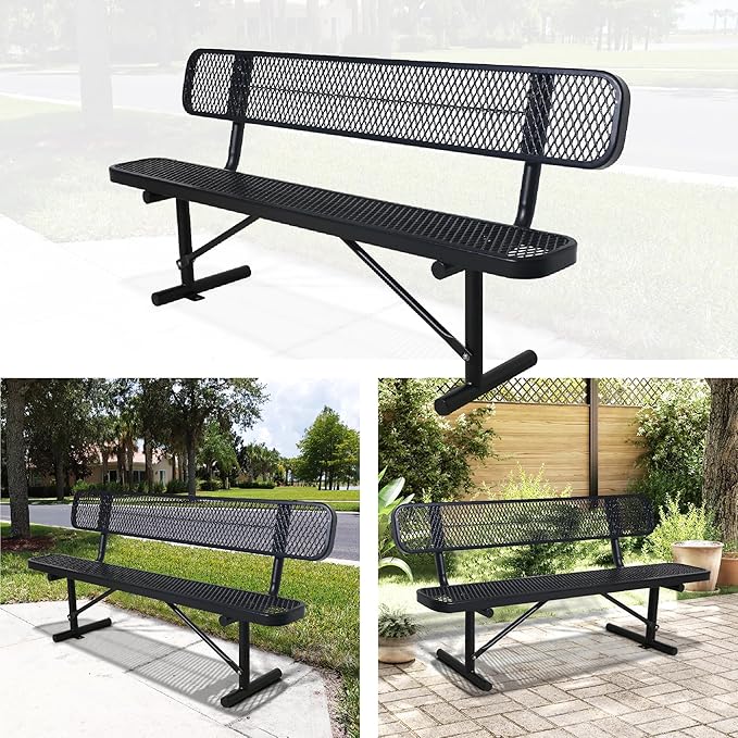 8 FT Heavy Duty Metal Park Bench for Outside, Black Bench with Backrest,4-6 Person Seat, Outdoor Commercial Metal Mesh Benches for Shopping Mall, Lawn, Park, Deck, Garden, Patio, Porch
