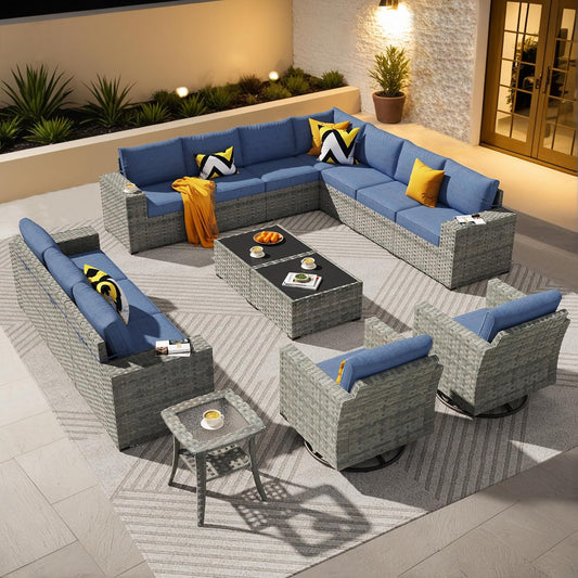 ovios 15 Pieces Patio Furniture Set, Outdoor Wicker Sectional Sofa with Swivel Chairs Coffee Table, Modern Modular Deep Seat Rattan Couch Conversation Sets, Denim Blue