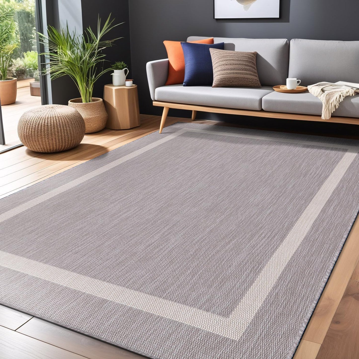 Bordered Outdoor Rug 5x7 Washable Outside Carpet for Indoor Patio Porch Waterproof Easy Cleaning Non Shedding Area Rugs Gray 5 x 7