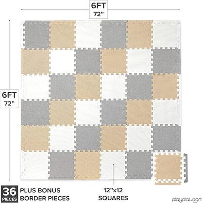 Play Platoon Non-Toxic Foam Puzzle Floor Mat, Comfortable, Extra Thick, Cushiony Exercise and Play Mat for Toddlers, Kids & Adults, 36 Tiles (12"x12"), Warm Grey/Cream/Sand