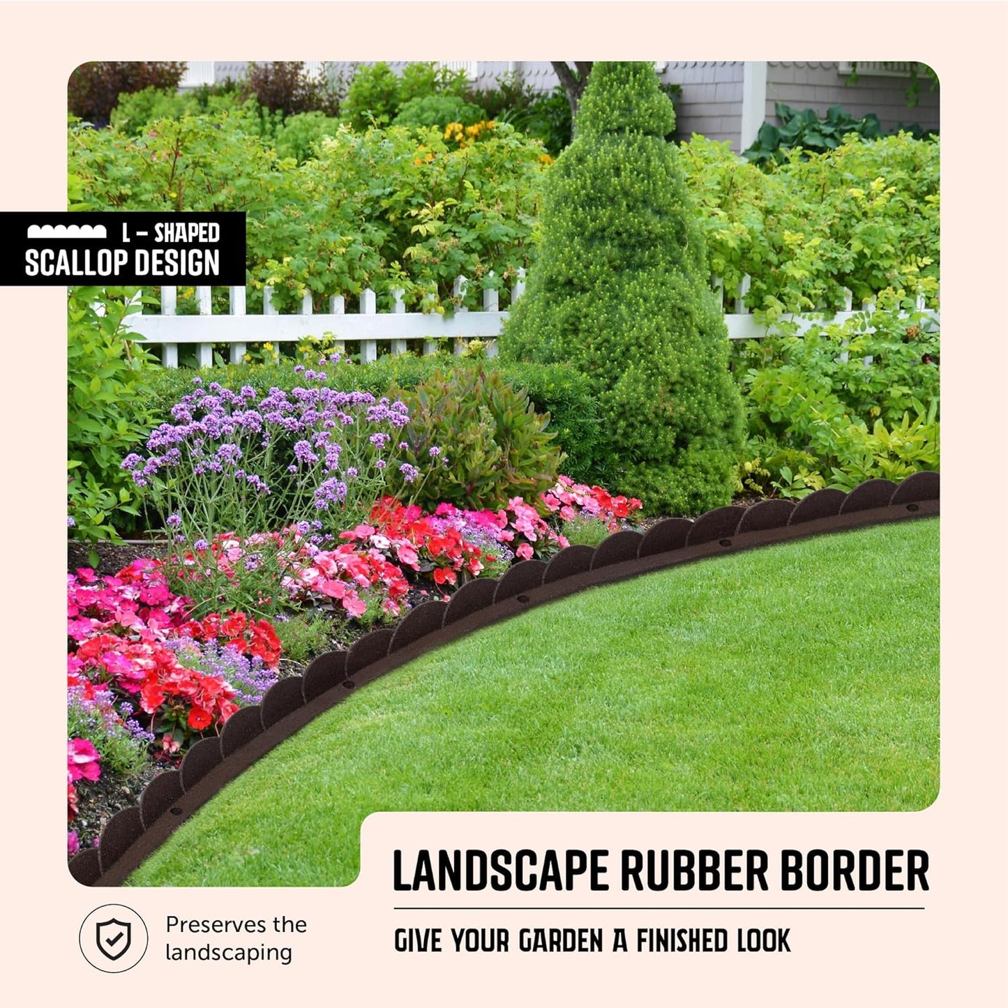 Playsafer L Shaped Flexible Rubber Scalloped Edger for Lawns Landscaping and Playground | Easy No Dig Installation| 4' Long (4, Brown)