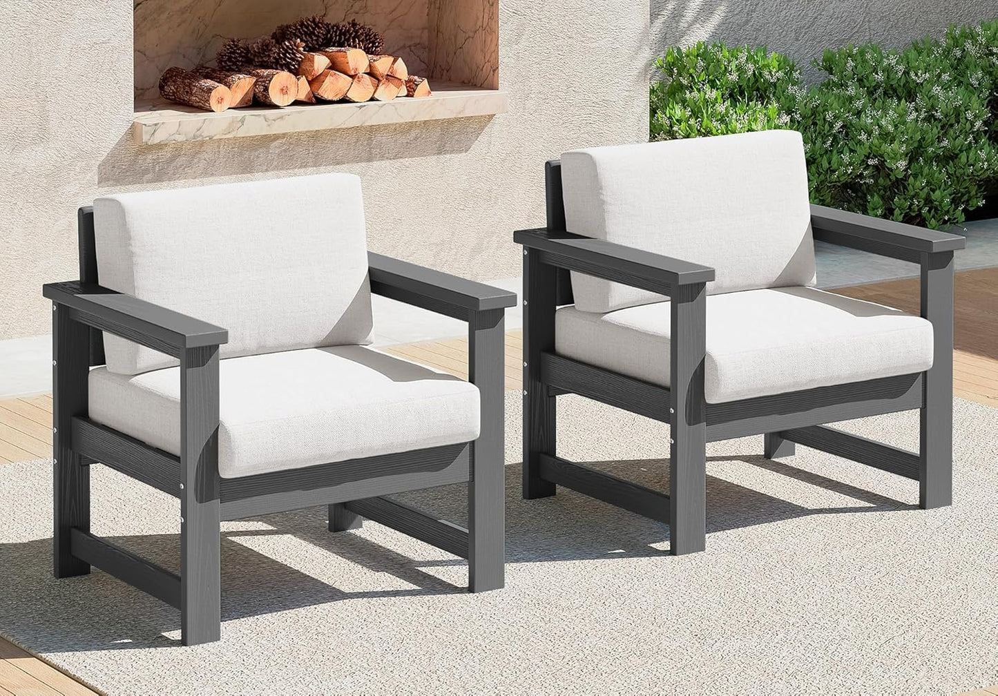 SERWALL 2 Pieces Single Cushioned Sofa Chair, Grey HDPE Outdoor Adirondack Lounge Armchair with Khaki Cushion