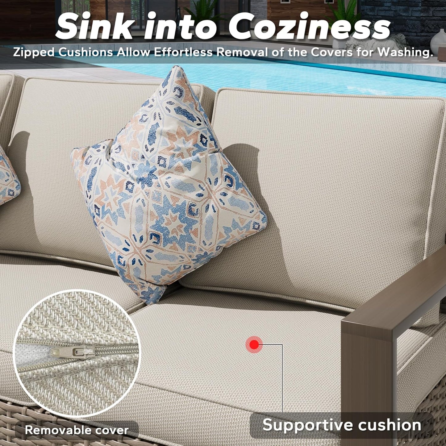 5 Pieces Metal Wicker Patio Furniture Set with 75" Sofa, Two Swivel Chairs and Two Ottomans, All Weather Rattan Outdoor Conversation Furniture with Washable Cushions for Porch, Beige