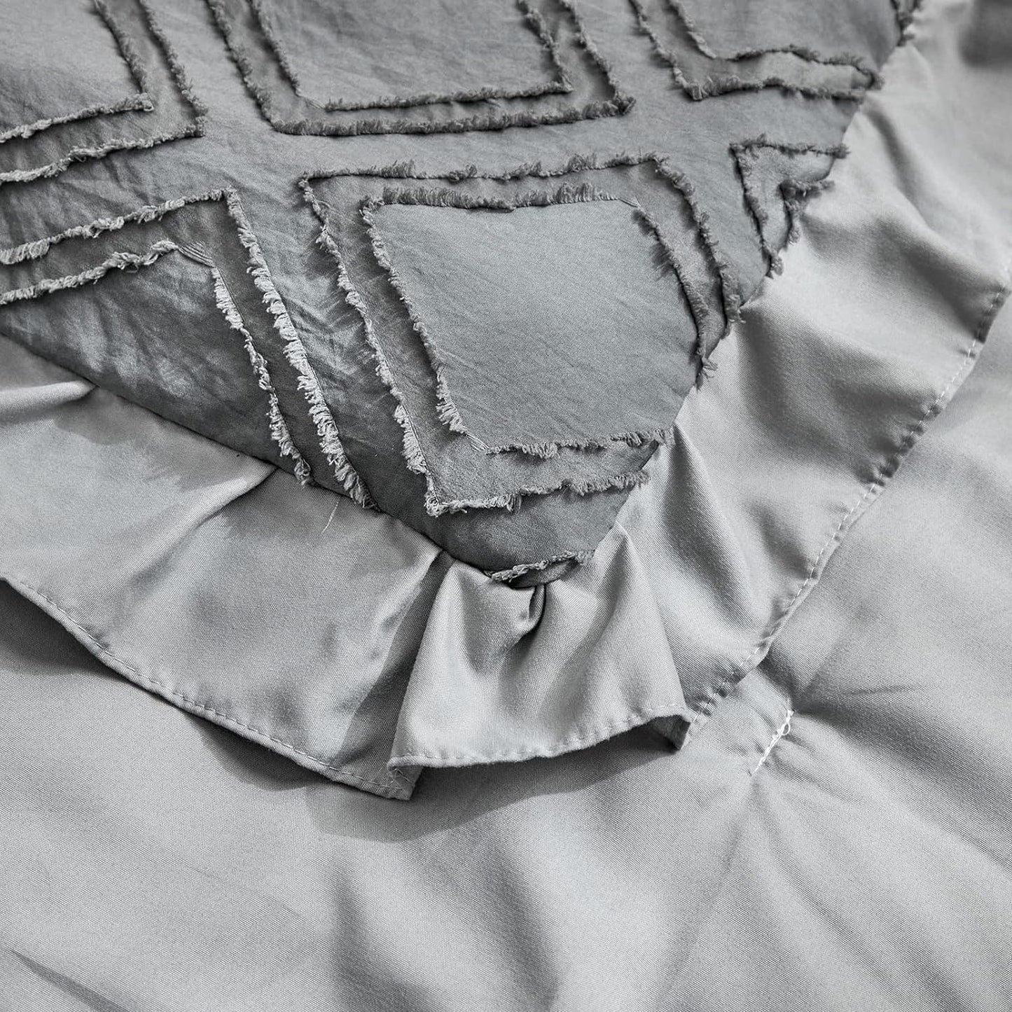 Mini Crib Bedding Set 3 Pieces Baby Boho Quilted Tufted Ruffles Comforter with Fitted Sheet and Ruffled Bed Skirt - Cute Shabby Baby Bedding Fits Mini Crib Only Gray