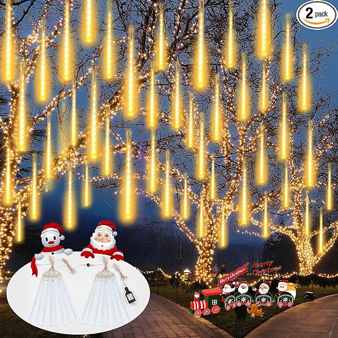 YIQU 2-Pack Extendable Meteor Shower Christmas Lights - 16 Tubes, 384 Led Icicle Lights Perfect for Outdoor, Patio Decorations (Warm White)