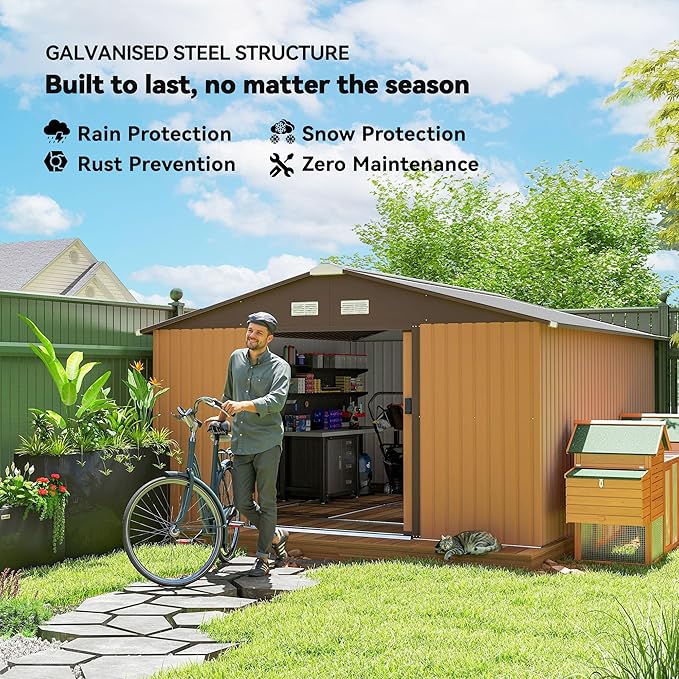 Outsunny 11' x 13' Outdoor Storage Shed, Garden Tool Metal Shed with Foundation Kit, Double Lockable Door, Air Vents and Sloping Roof, for Backyard, Patio, Lawn, Yellow