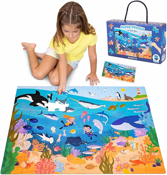 BONNYCO Giant Floor Puzzles for Kids of Sea Animals with 48 Large Pieces. Jumbo Puzzle 36.2 x 24.4 in, Gifts for Boys and Girls, Educational Kids Toys Ages 2-8
