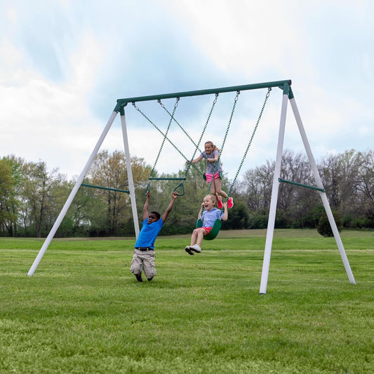 Backyard Discovery Big Brutus Galvanized Steel Swing Set Kit with Classic A-Frame, Two Belt Swings, One Trapeze Bar, Easy Assembly, Heavy-Duty Powder-Coated Steel, Weather-Resistant, Outdoor Playset