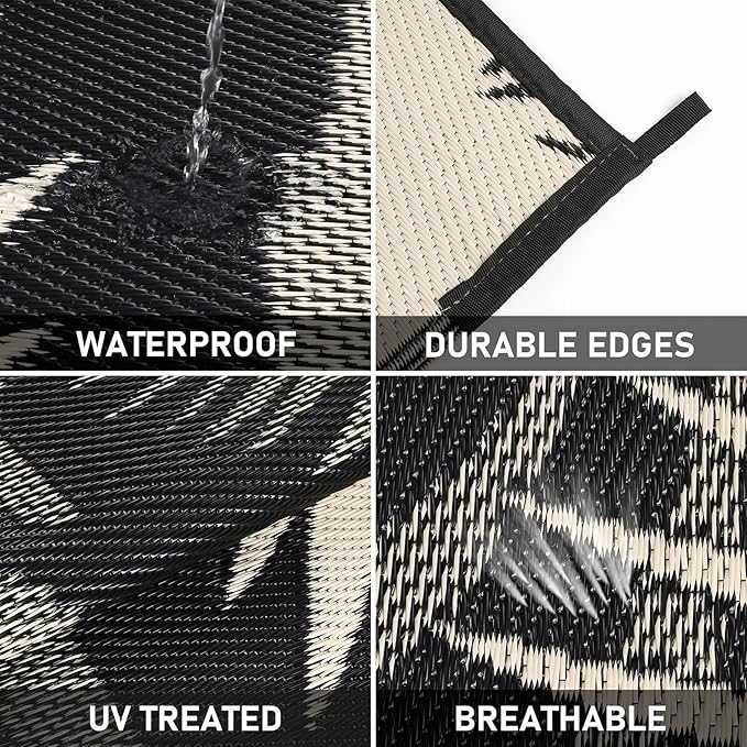 Outdoor Rug Waterproof for Patios Clearance, Reversible Outdoor Plastic Straw Rug Camping Carpet, Outside Floor Mats Large Area Rugs for RV,Patio,Deck,Porch,Beach, Balcony，8'x10',Black&Beige