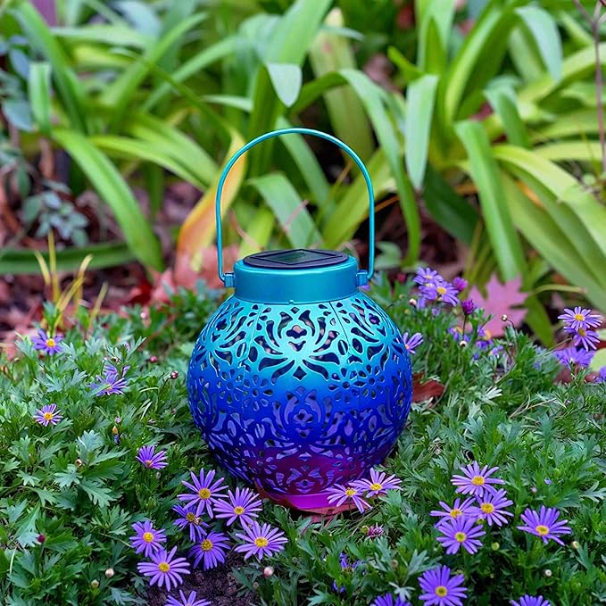 2 Pack Outdoor Solar Hanging Lantern Lights Metal LED Decorative Lamp for Garden Patio Courtyard Lawn and Table with Hollowed-Out Design (Royal Purple)